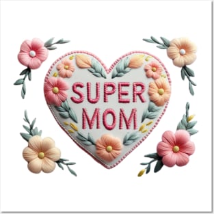 Super Mom Floral Heart Embroidery Patch Posters and Art
